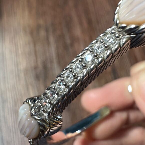 JUDITH RIPKA Sterling Silver Cuff Bracelet Pink Mother of Pearl Heart & CZ, MOP - Picture 6 of 14